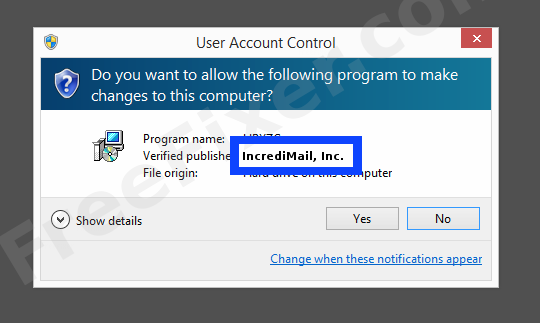 Screenshot where IncrediMail, Inc. appears as the verified publisher in the UAC dialog